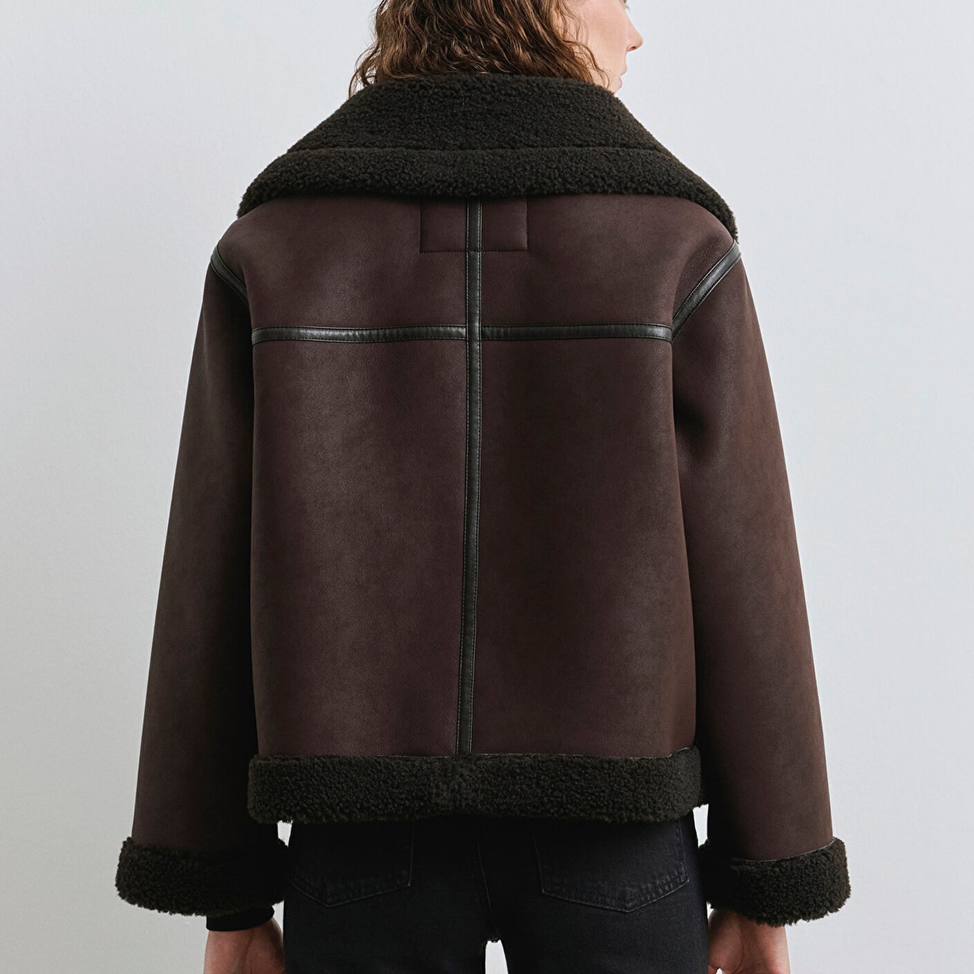 Mavi Suni Kürk Detaylı Kahverengi Suni Deri Ceket Oversize / Geniş Kesim 1110718-70219