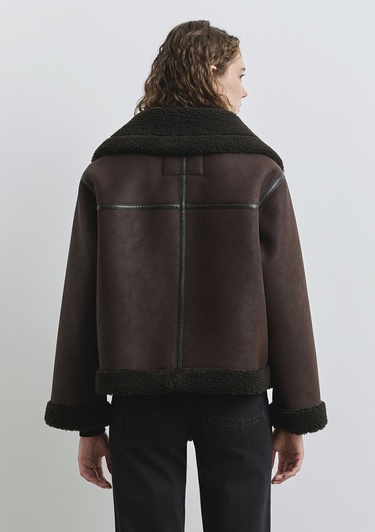  Mavi Suni Kürk Detaylı Kahverengi Suni Deri Ceket Oversize / Geniş Kesim 1110718-70219