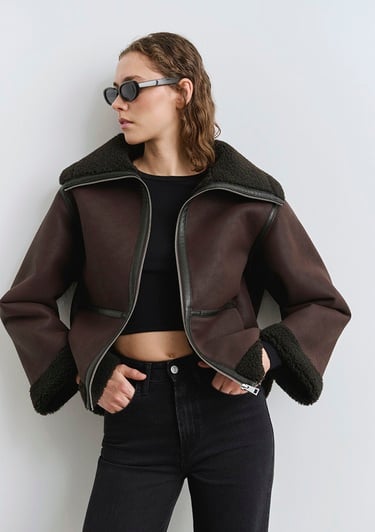  Mavi Suni Kürk Detaylı Kahverengi Suni Deri Ceket Oversize / Geniş Kesim 1110718-70219