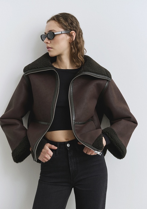  Mavi Suni Kürk Detaylı Kahverengi Suni Deri Ceket Oversize / Geniş Kesim 1110718-70219