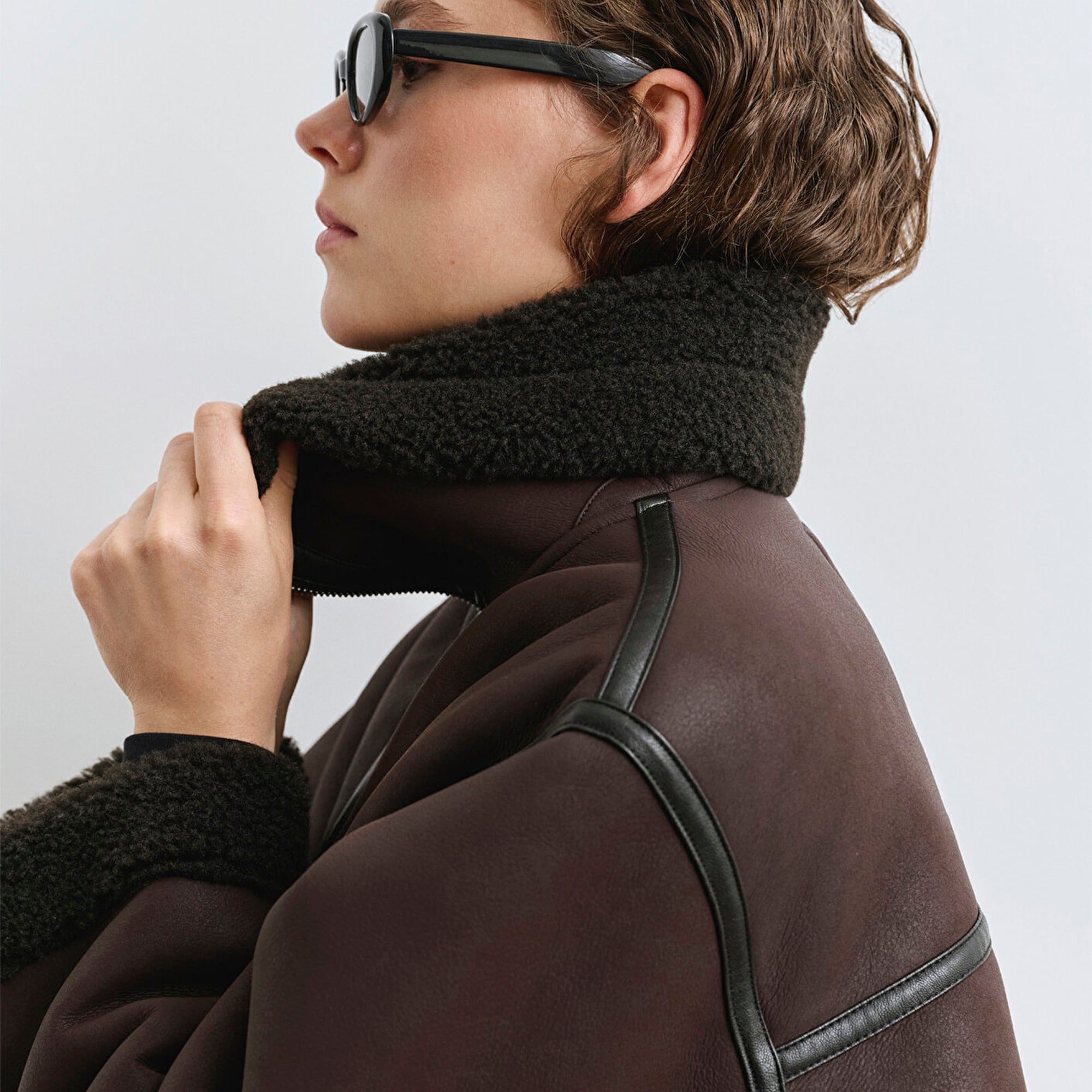 Mavi Suni Kürk Detaylı Kahverengi Suni Deri Ceket Oversize / Geniş Kesim 1110718-70219