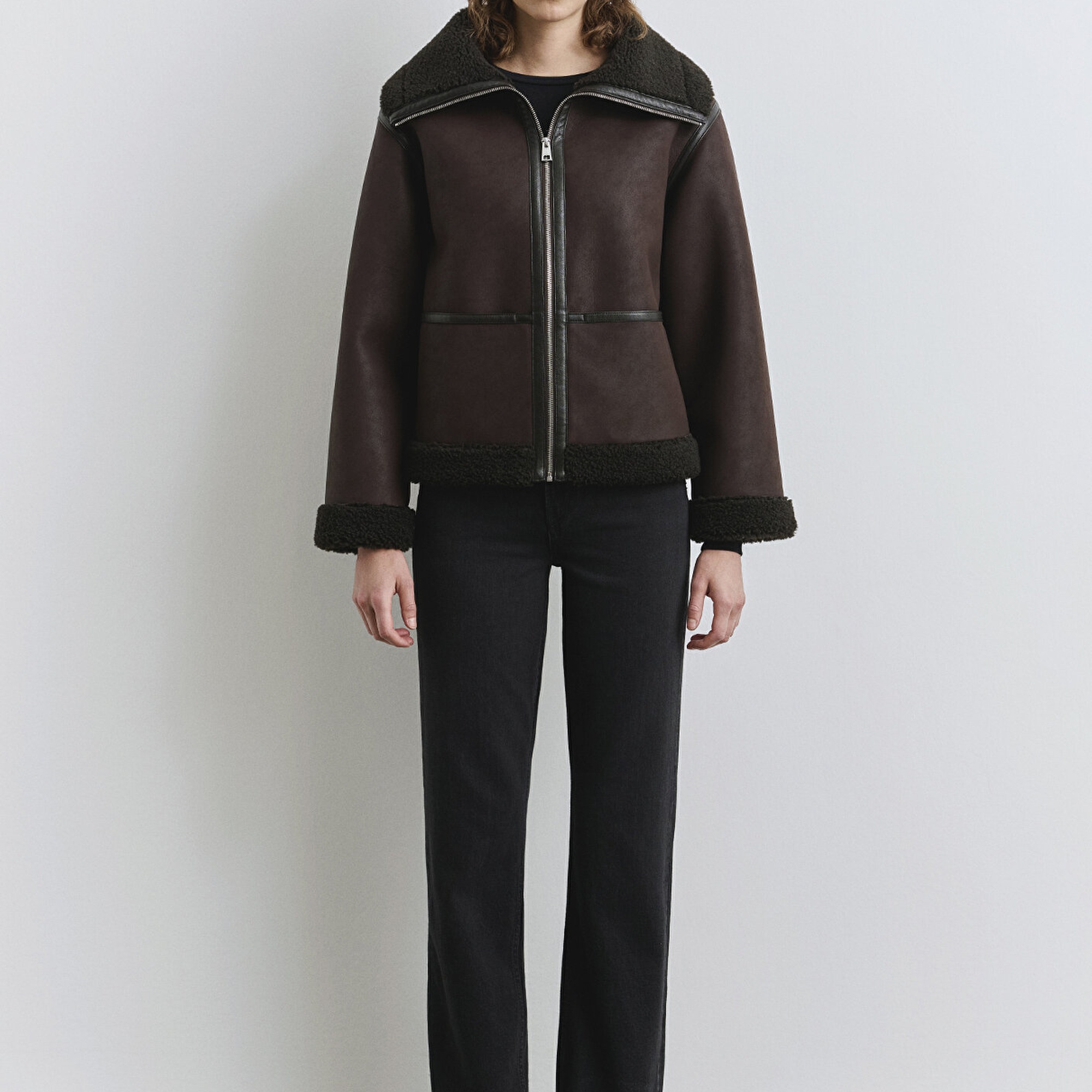 Mavi Suni Kürk Detaylı Kahverengi Suni Deri Ceket Oversize / Geniş Kesim 1110718-70219