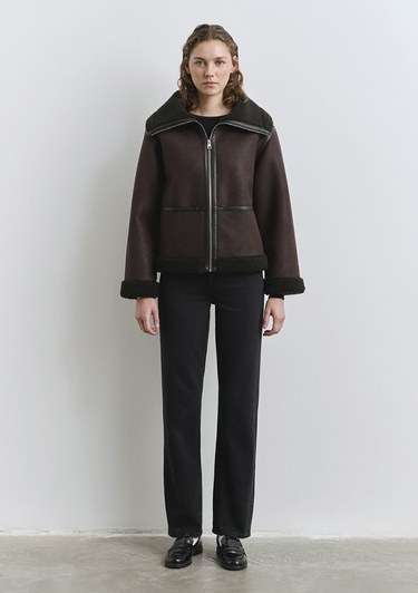  Mavi Suni Kürk Detaylı Kahverengi Suni Deri Ceket Oversize / Geniş Kesim 1110718-70219