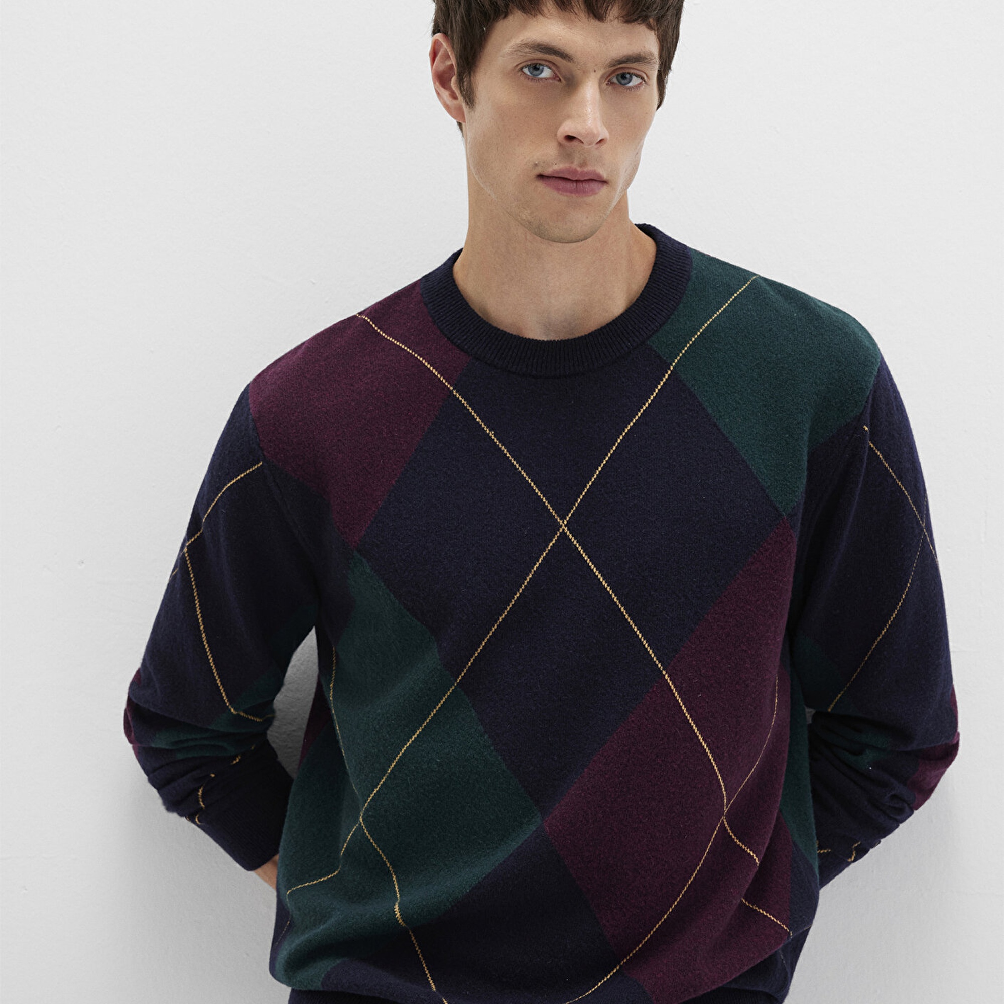 Mavi Yün Karışımlı Baklava Desenli Lacivert Kazak Regular Fit / Normal Kesim 0710334-70497