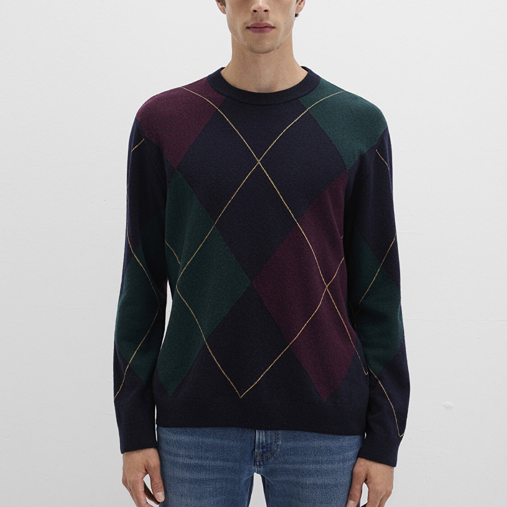 Mavi Yün Karışımlı Baklava Desenli Lacivert Kazak Regular Fit / Normal Kesim 0710334-70497