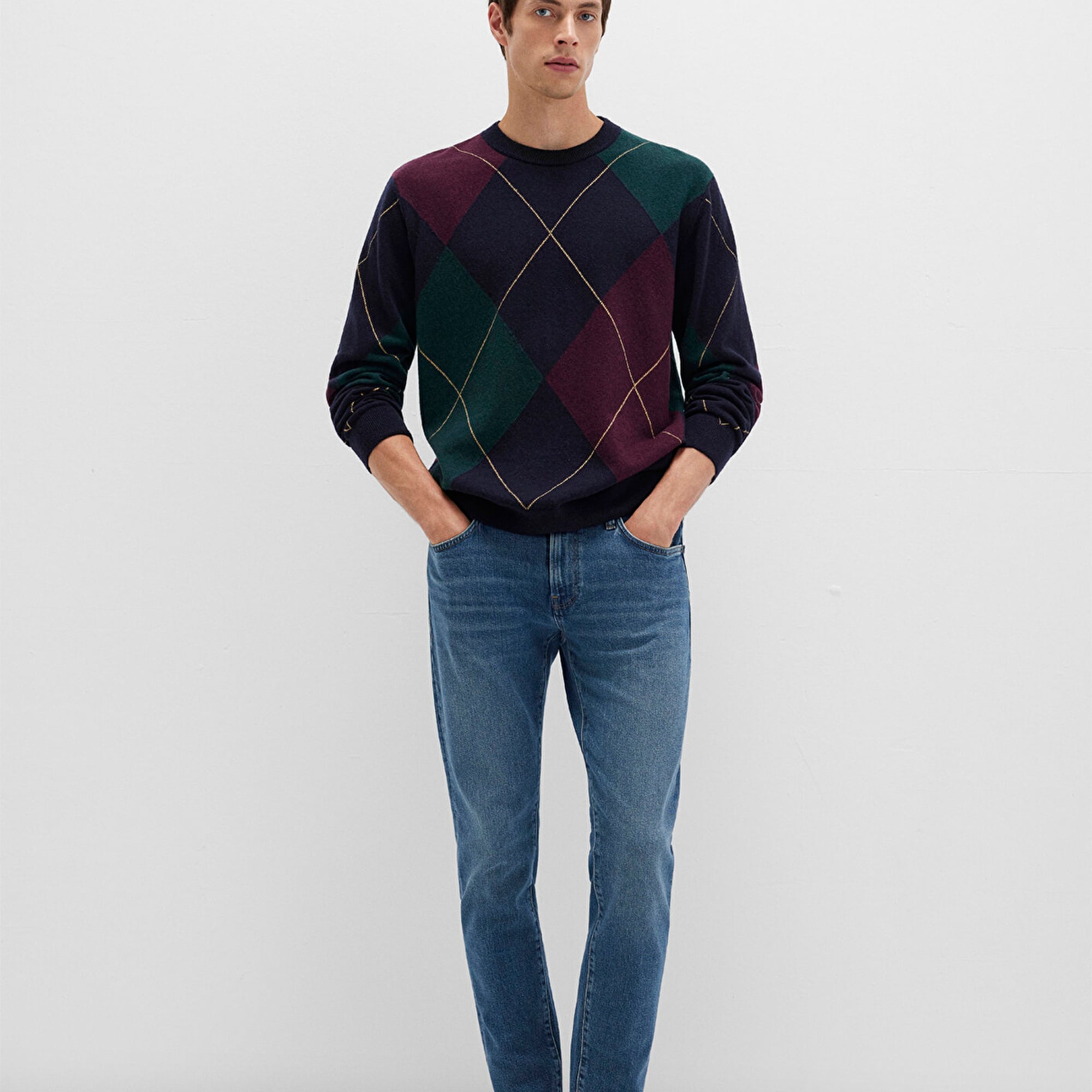 Mavi Yün Karışımlı Baklava Desenli Lacivert Kazak Regular Fit / Normal Kesim 0710334-70497