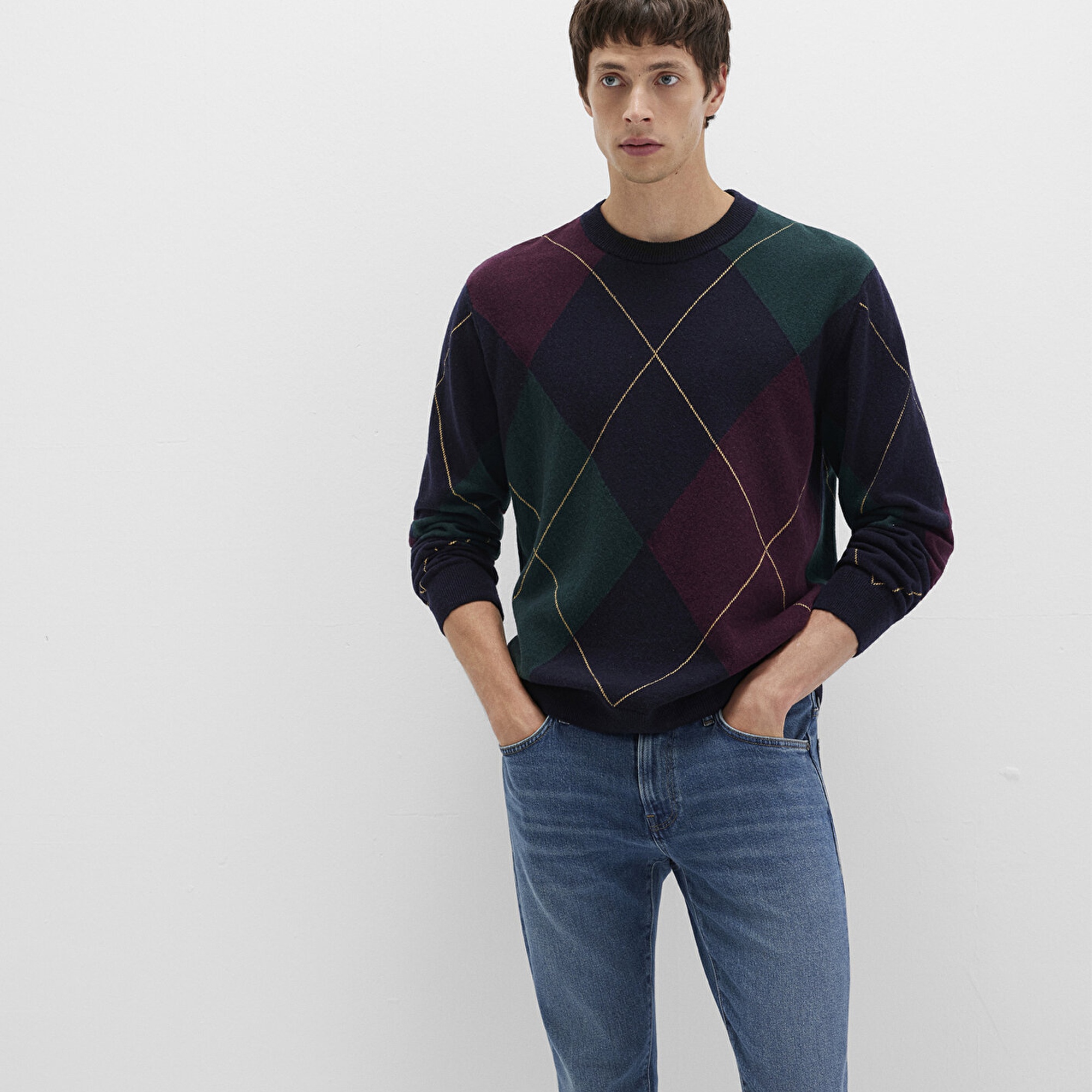 Mavi Yün Karışımlı Baklava Desenli Lacivert Kazak Regular Fit / Normal Kesim 0710334-70497