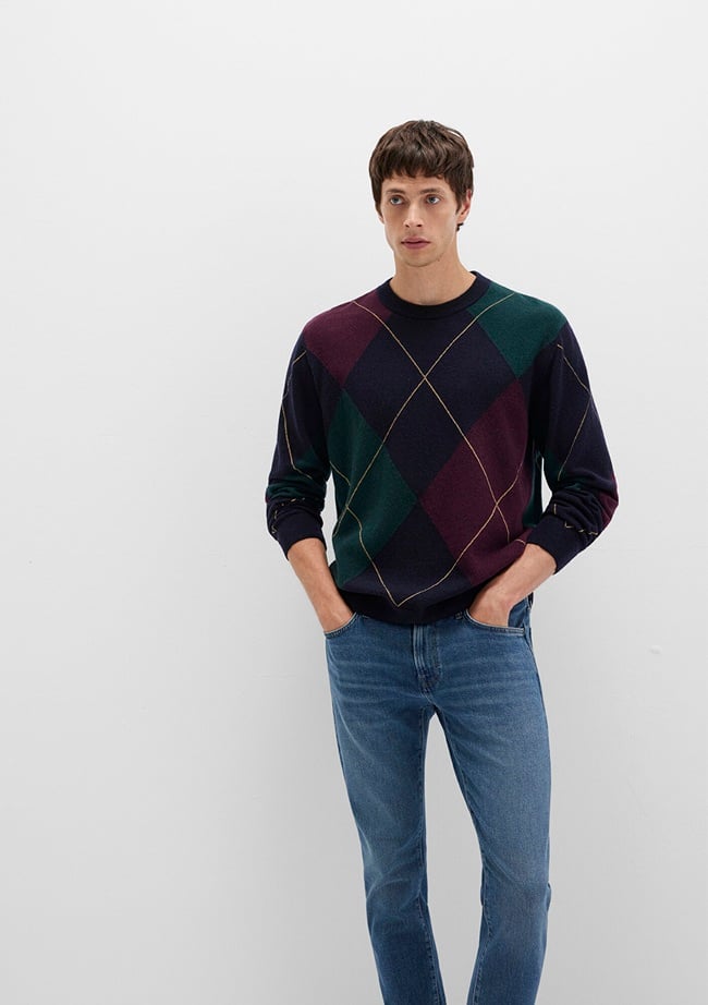  Mavi Yün Karışımlı Baklava Desenli Lacivert Kazak Regular Fit / Normal Kesim 0710334-70497