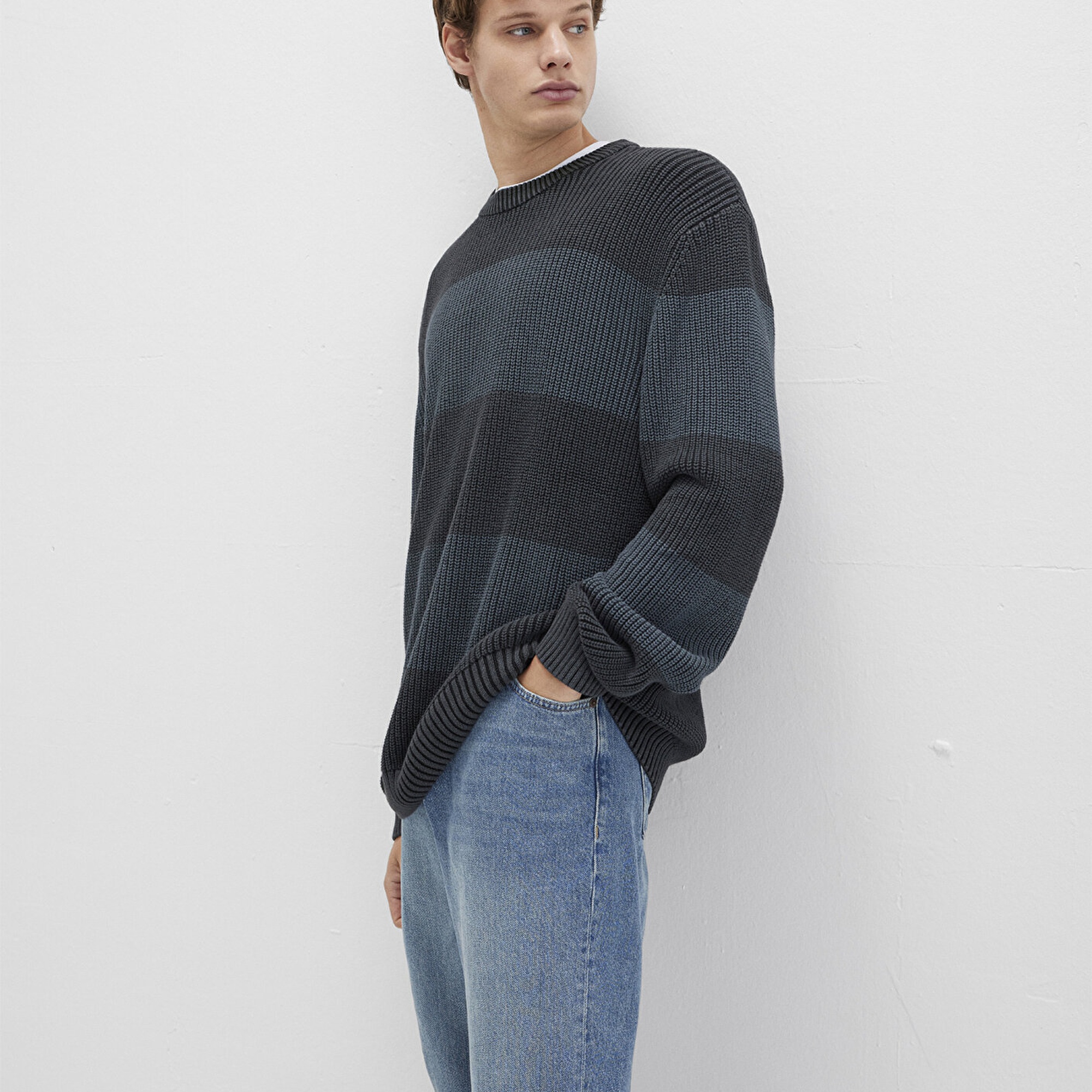 Mavi Blok Renkli Antrasit Kazak Regular Fit / Normal Kesim 0710290-70090