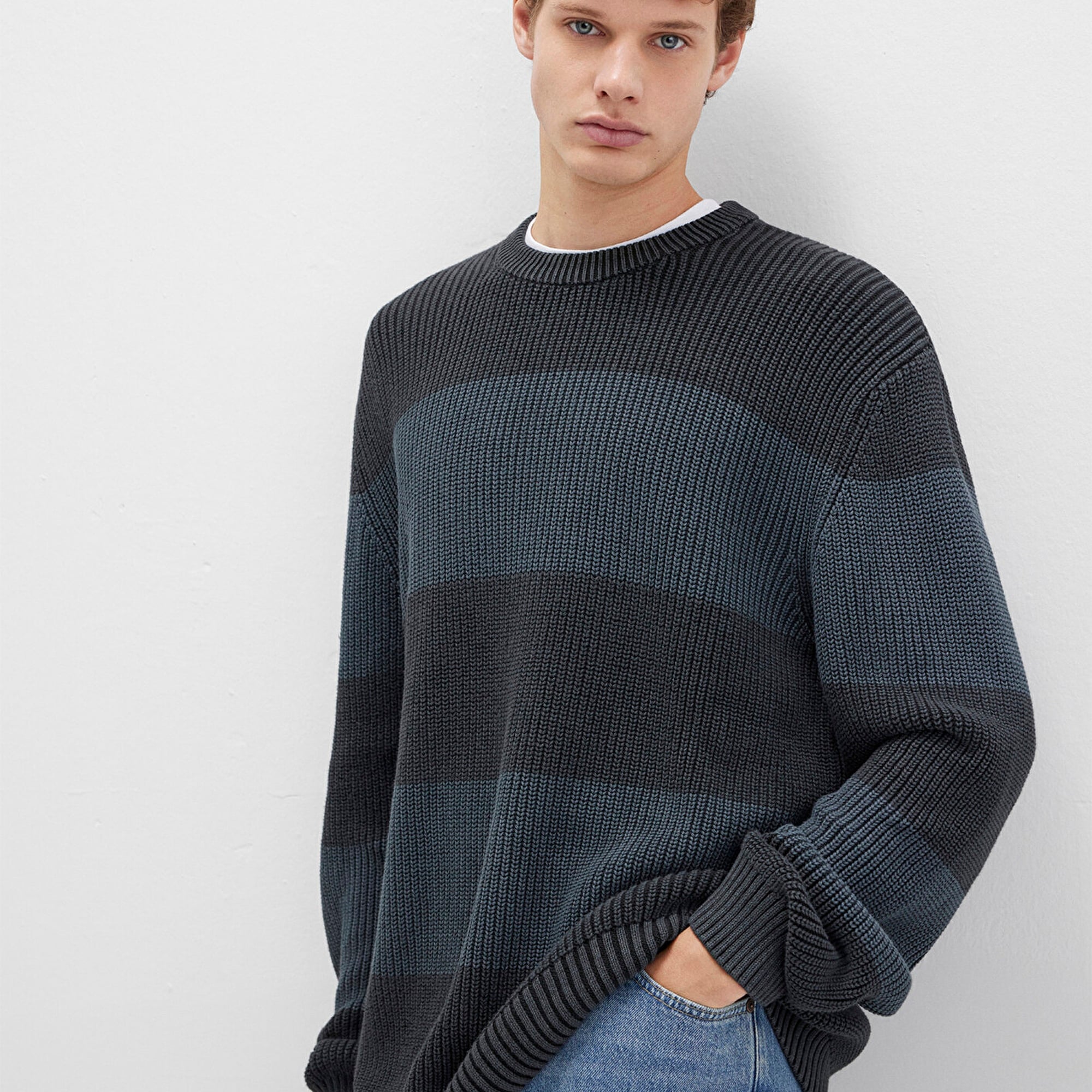 Mavi Blok Renkli Antrasit Kazak Regular Fit / Normal Kesim 0710290-70090