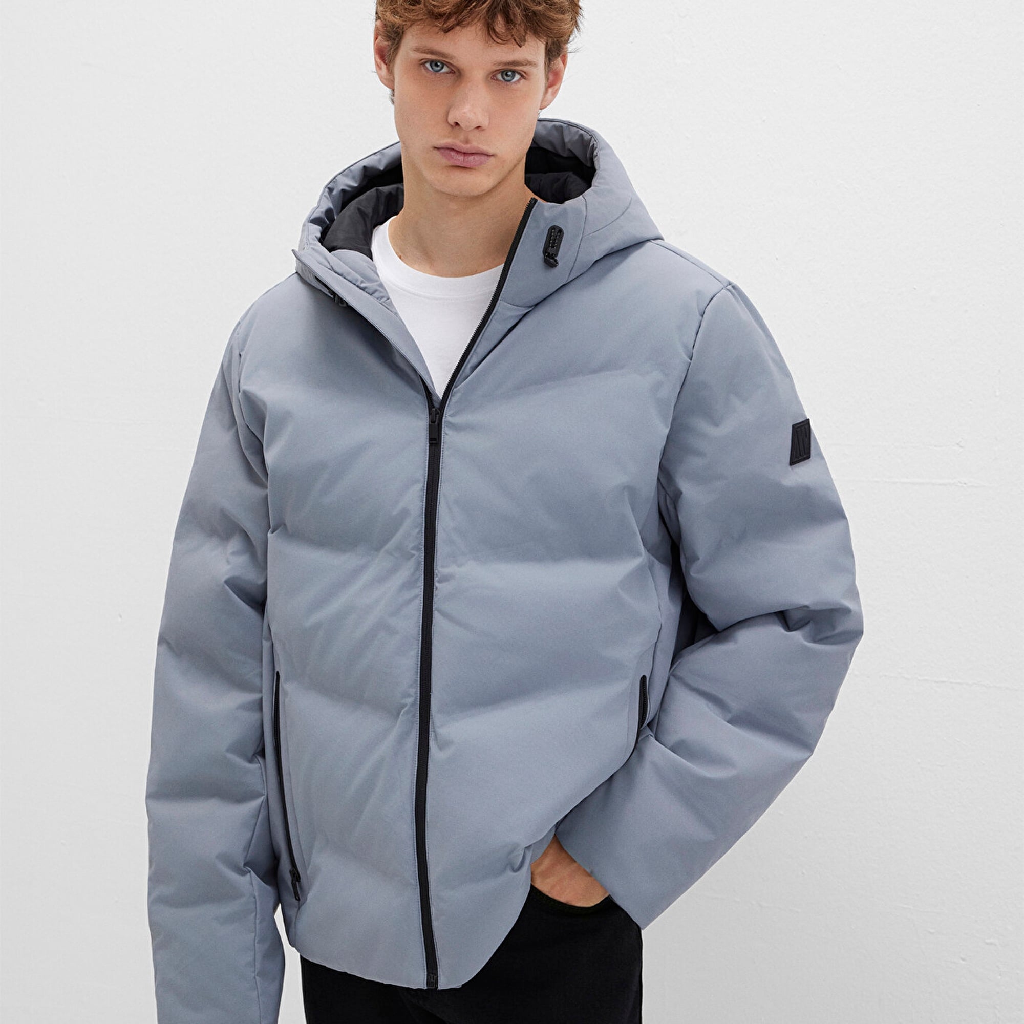 Mavi Kapüşonlu Gri Şişme Mont 0110651-85550