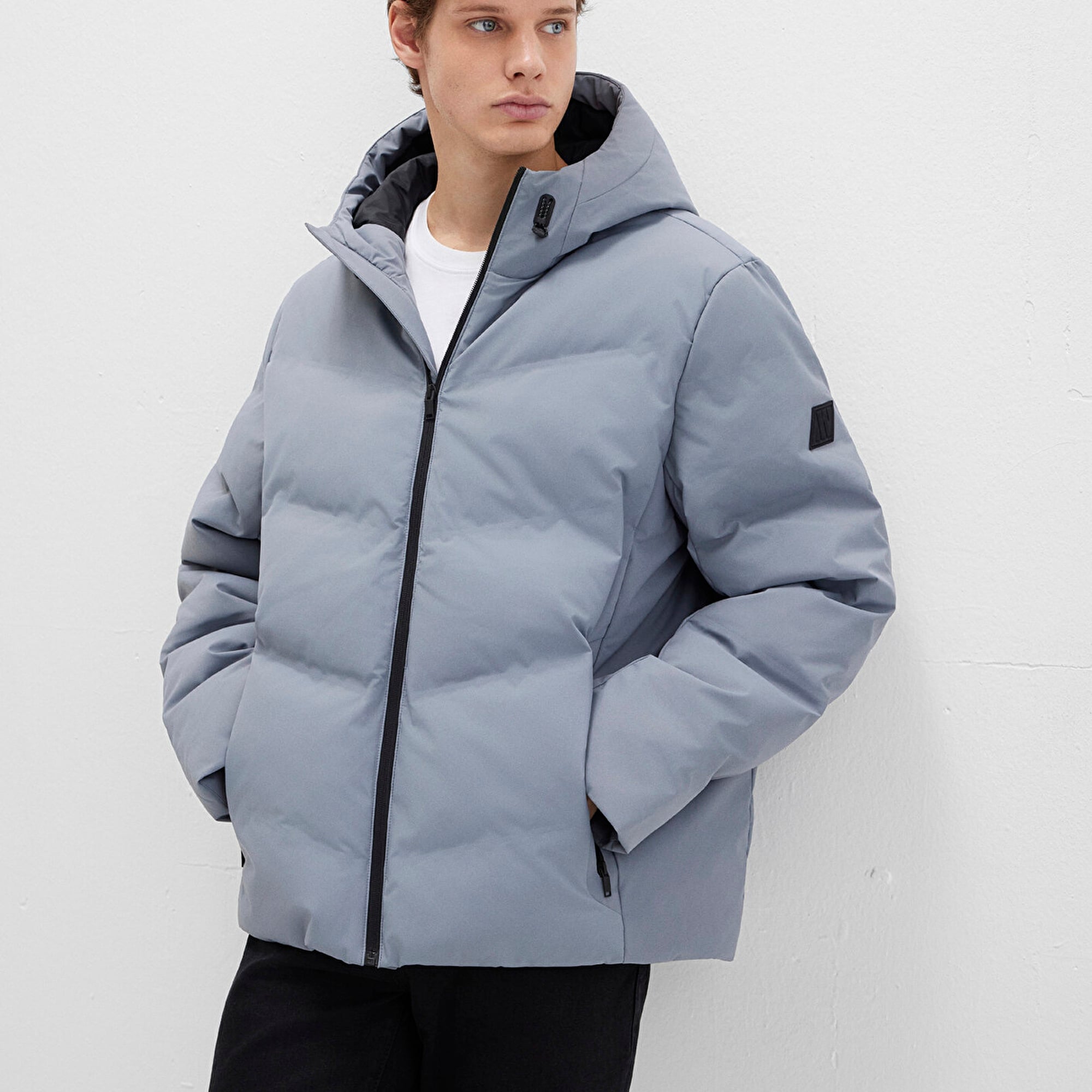 Mavi Kapüşonlu Gri Şişme Mont 0110651-85550