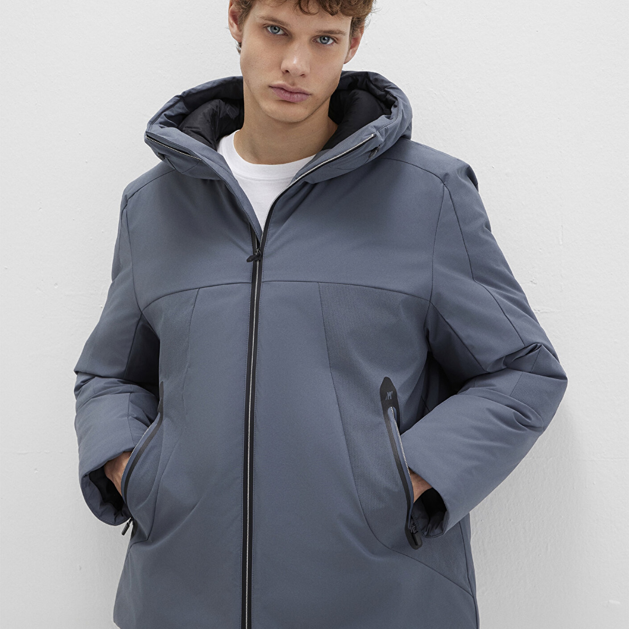 Mavi Kapüşonlu Gri Şişme Mont 0110663-80776