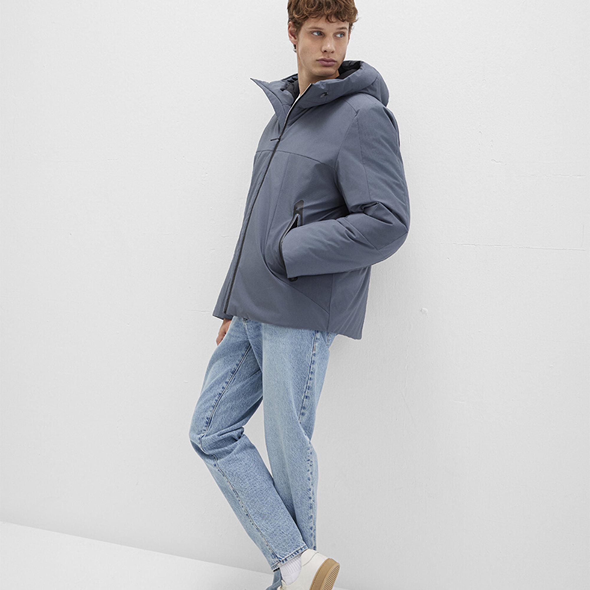 Mavi Kapüşonlu Gri Şişme Mont 0110663-80776