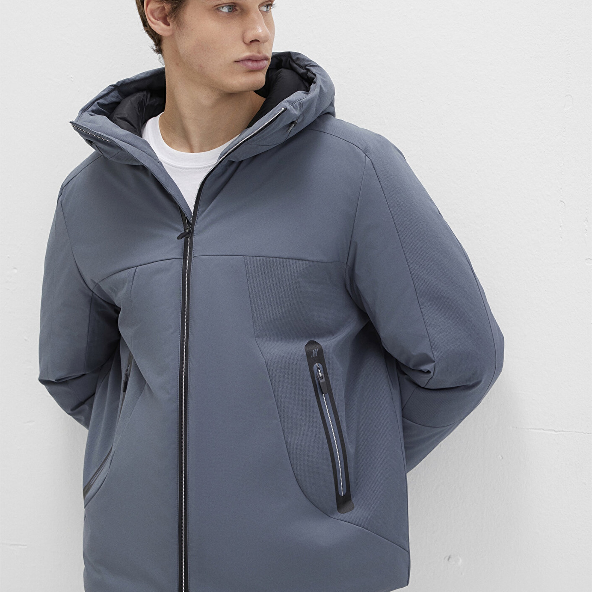 Mavi Kapüşonlu Gri Şişme Mont 0110663-80776