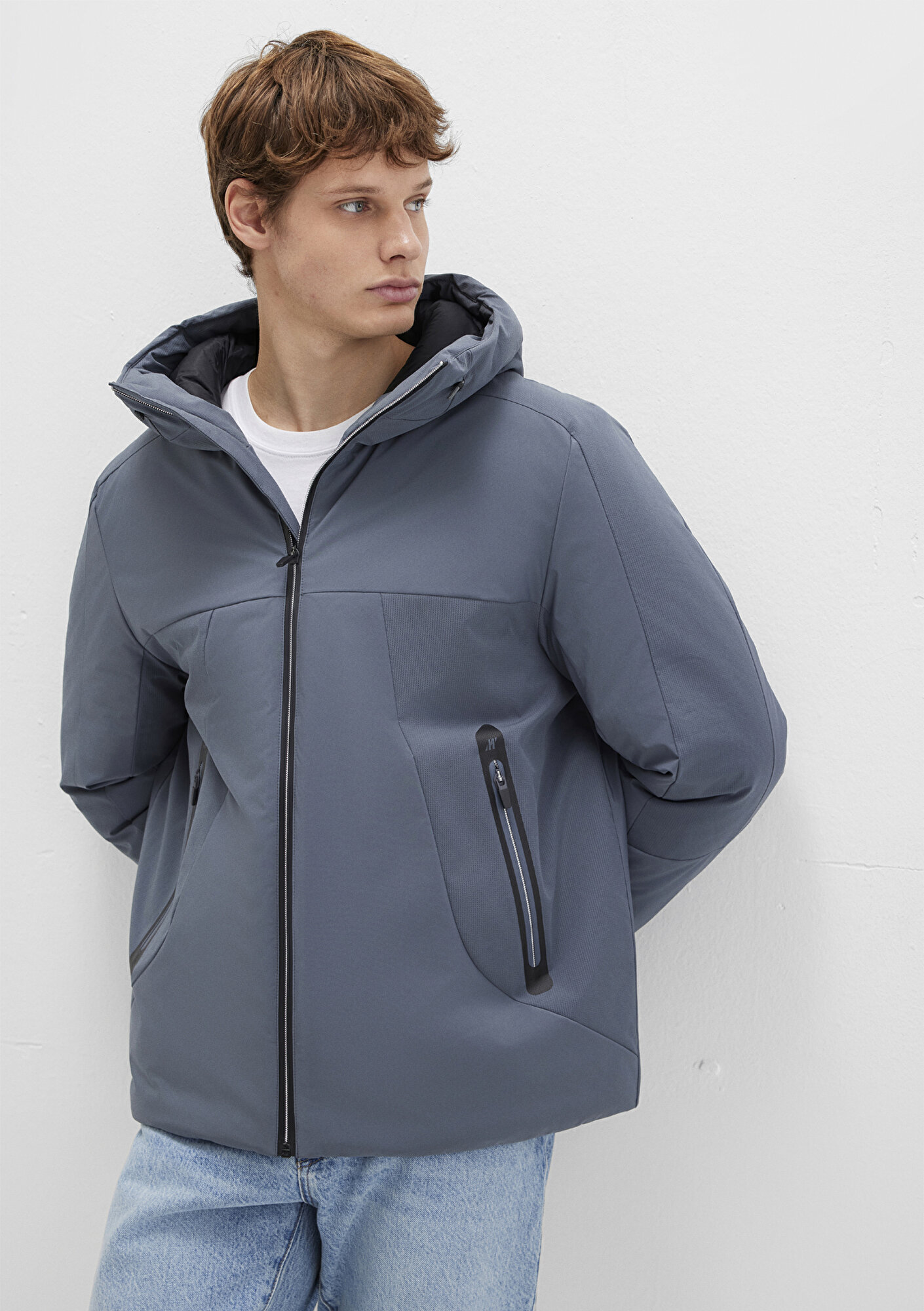  Mavi Kapüşonlu Gri Şişme Mont 0110663-80776