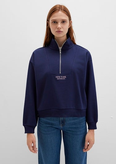  Mavi Yarı Fermuarlı Sırt Baskılı Lacivert Sweatshirt 1S10501-80729