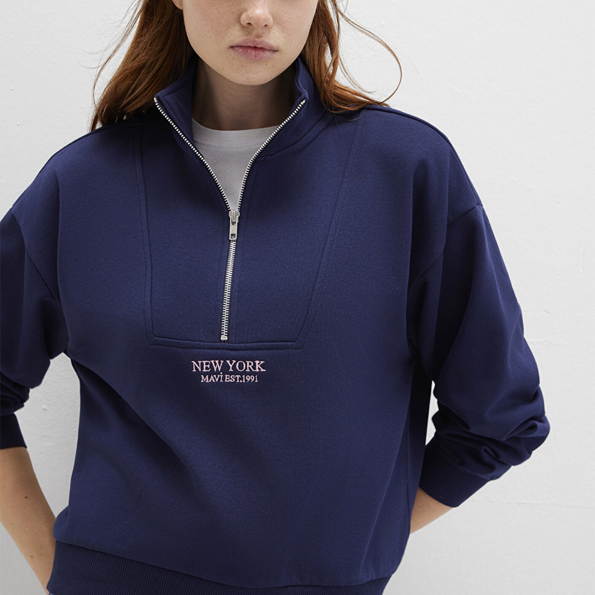 Mavi Yarı Fermuarlı Sırt Baskılı Lacivert Sweatshirt 1S10501-80729