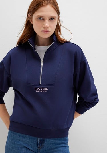  Mavi Yarı Fermuarlı Sırt Baskılı Lacivert Sweatshirt 1S10501-80729
