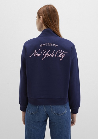  Mavi Yarı Fermuarlı Sırt Baskılı Lacivert Sweatshirt 1S10501-80729