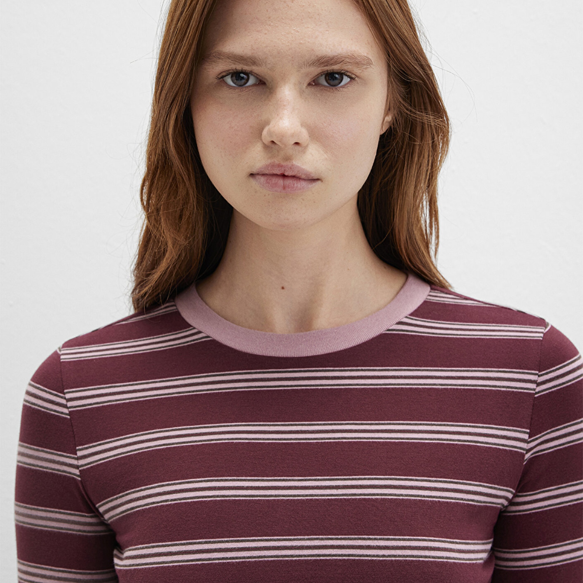 Mavi Uzun Kollu Çizgili Bordo Tişört Fitted / Vücuda Oturan Kesim 1613604-91193