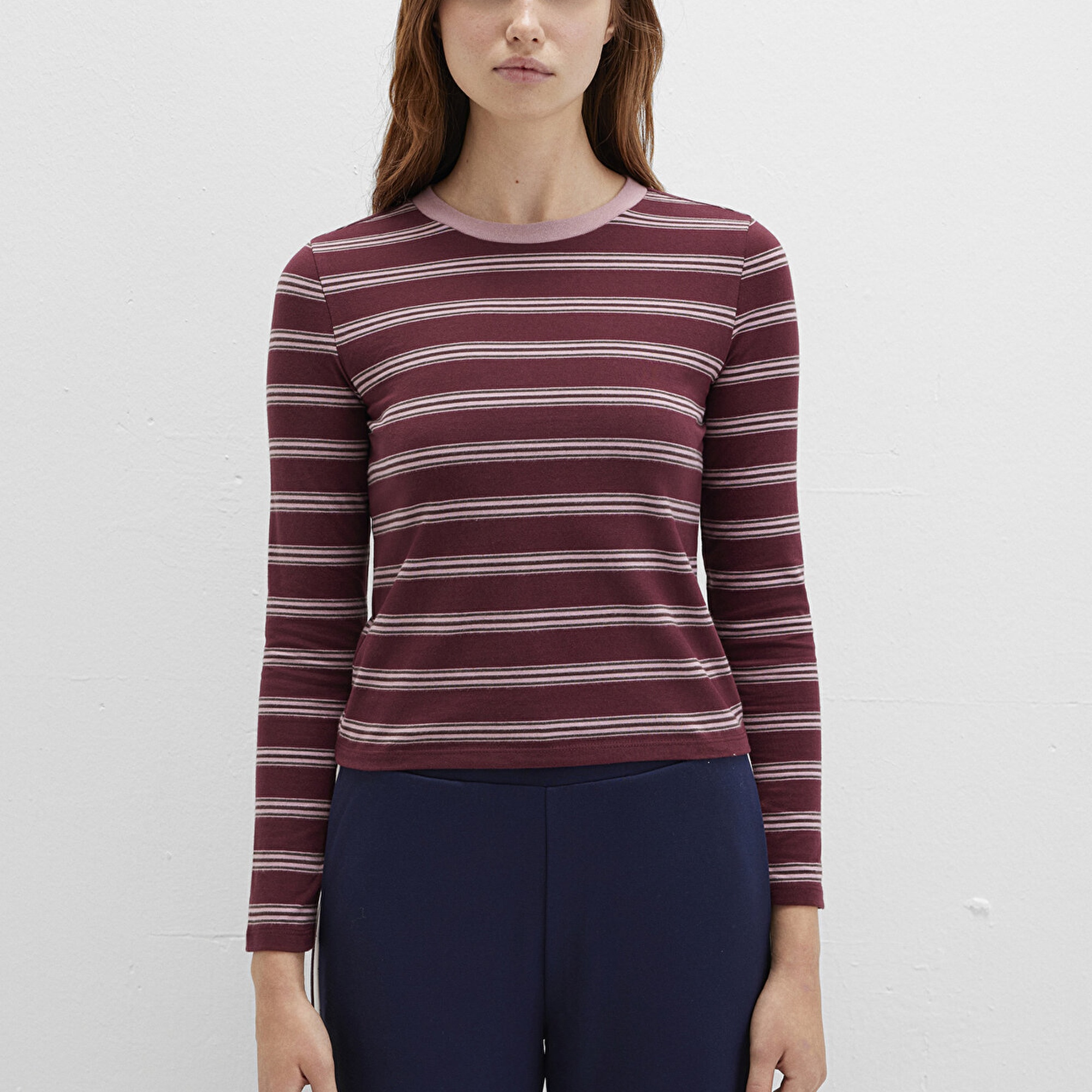 Mavi Uzun Kollu Çizgili Bordo Tişört Fitted / Vücuda Oturan Kesim 1613604-91193