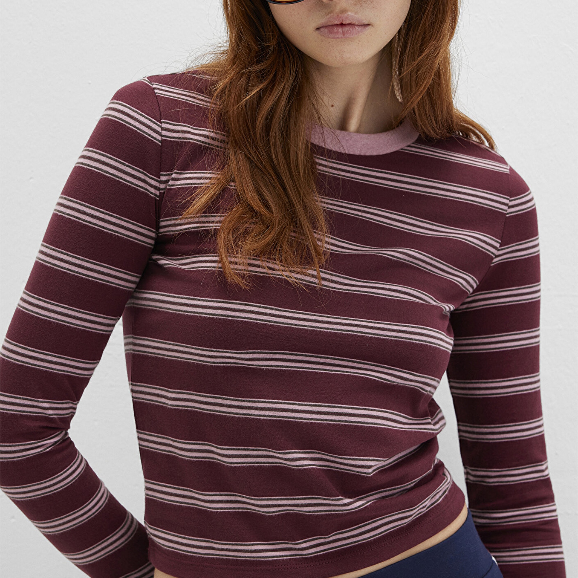 Mavi Uzun Kollu Çizgili Bordo Tişört Fitted / Vücuda Oturan Kesim 1613604-91193