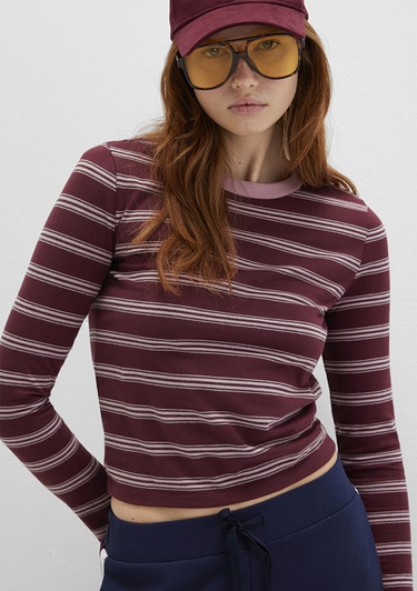  Mavi Uzun Kollu Çizgili Bordo Tişört Fitted / Vücuda Oturan Kesim 1613604-91193