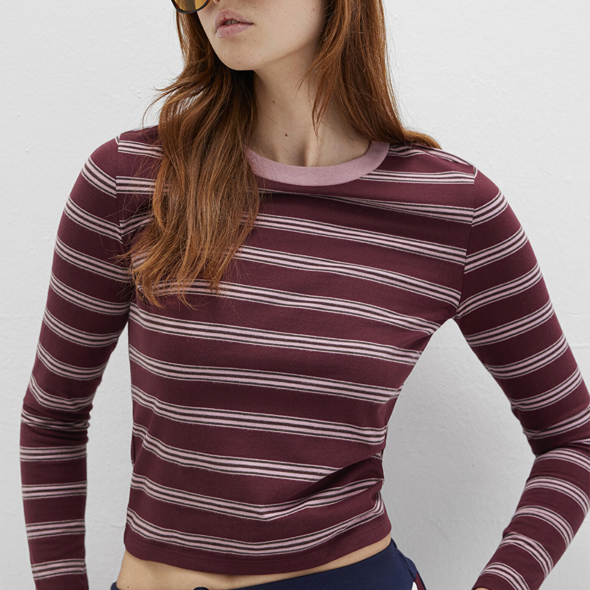 Mavi Uzun Kollu Çizgili Bordo Tişört Fitted / Vücuda Oturan Kesim 1613604-91193