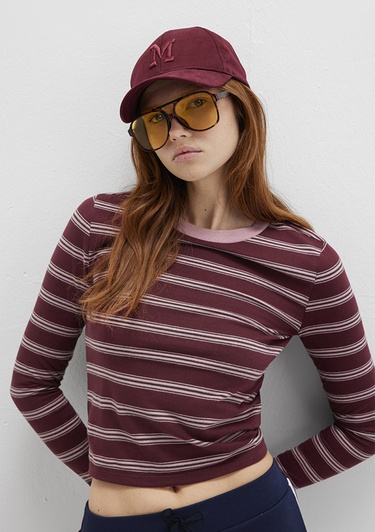  Mavi Uzun Kollu Çizgili Bordo Tişört Fitted / Vücuda Oturan Kesim 1613604-91193