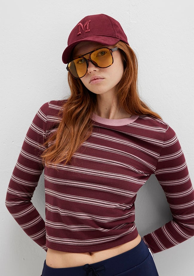  Mavi Uzun Kollu Çizgili Bordo Tişört Fitted / Vücuda Oturan Kesim 1613604-91193