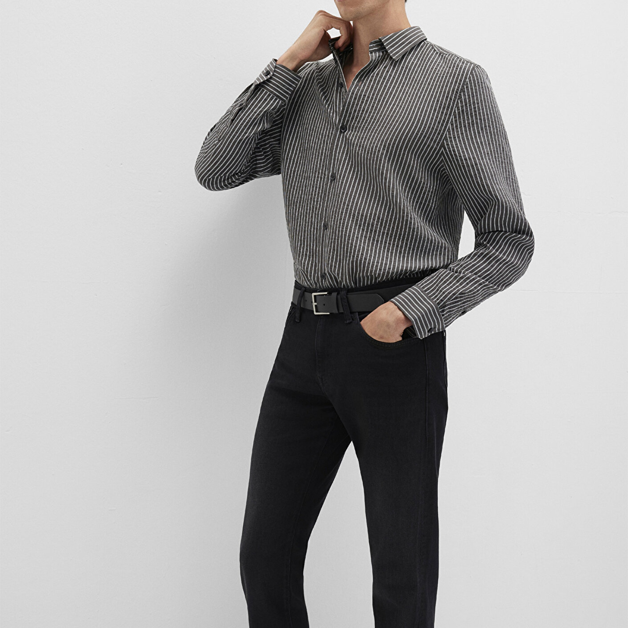 Mavi Çizgili Antrasit Gömlek Regular Fit / Normal Kesim 0211669-90902