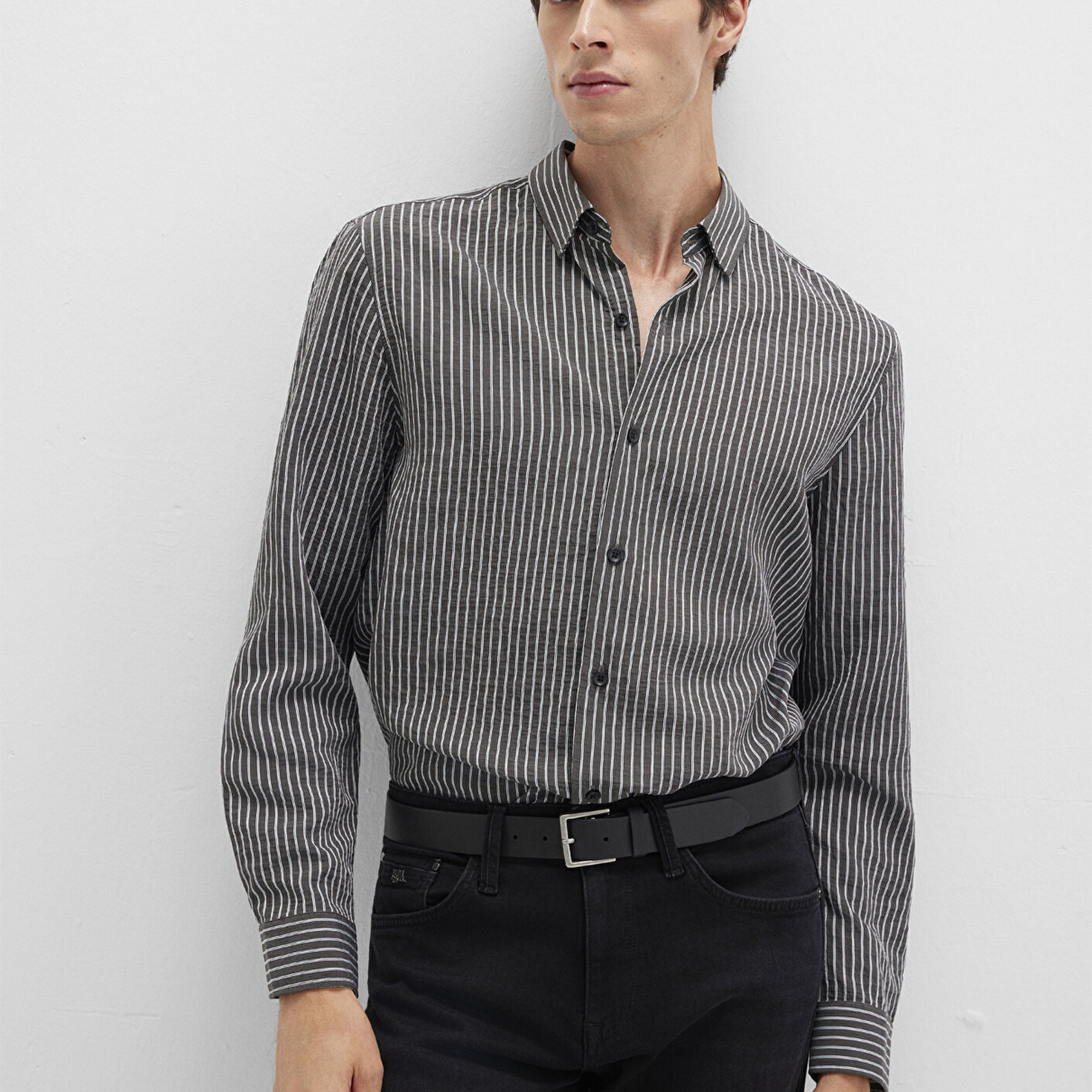 Mavi Çizgili Antrasit Gömlek Regular Fit / Normal Kesim 0211669-90902