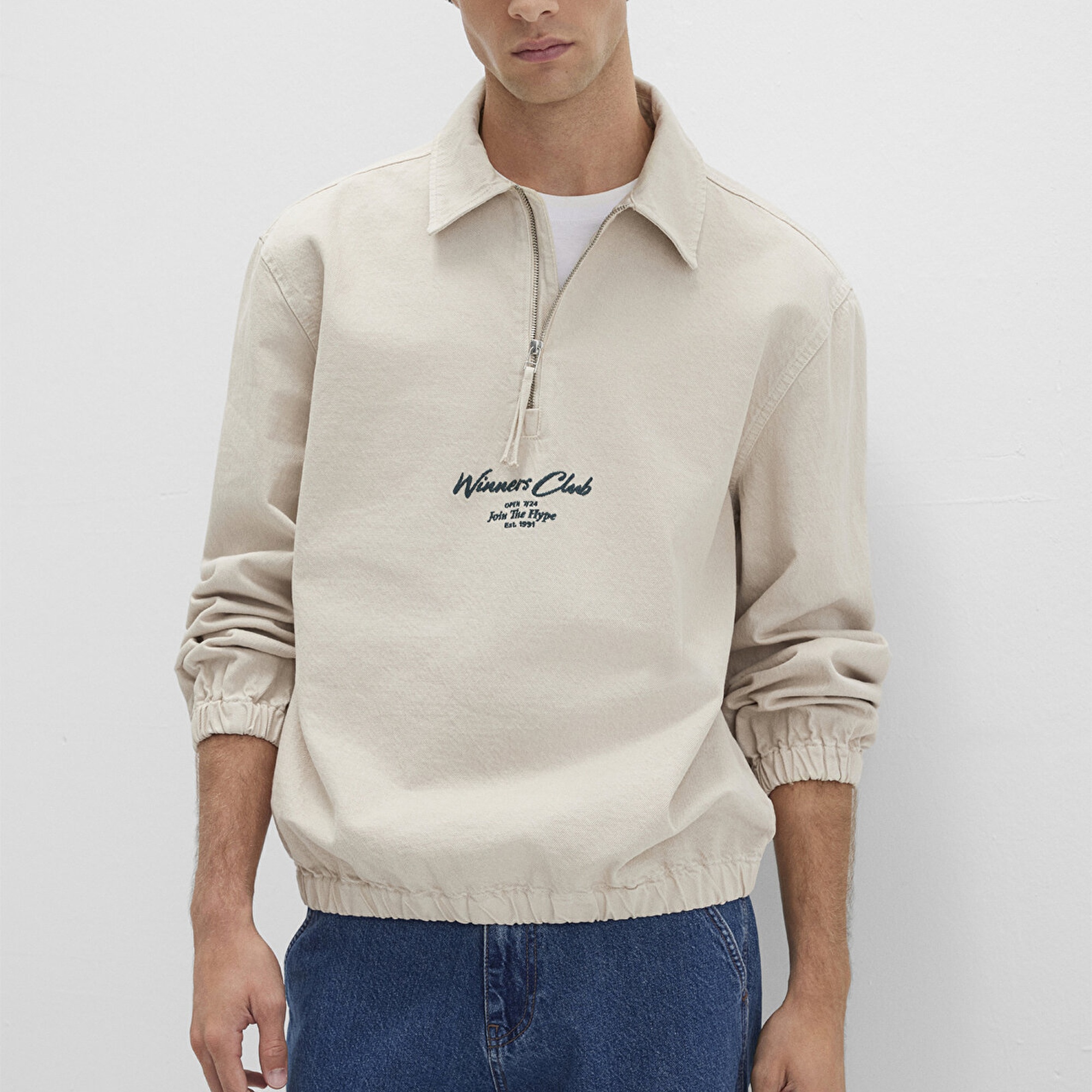 Mavi Yarı Fermuarlı Ekru Gömlek Oversize / Geniş Kesim 0211784-81202