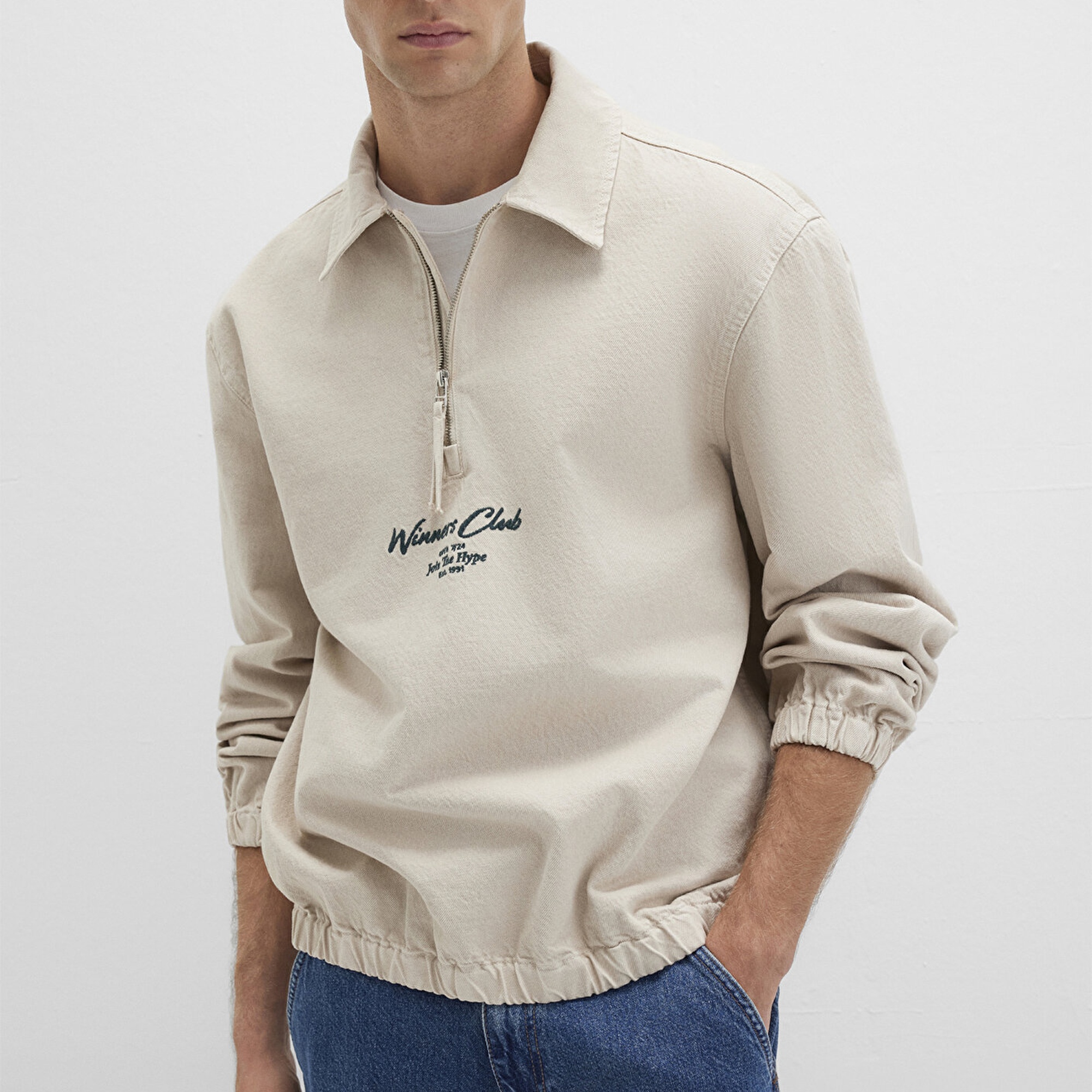 Mavi Yarı Fermuarlı Ekru Gömlek Oversize / Geniş Kesim 0211784-81202