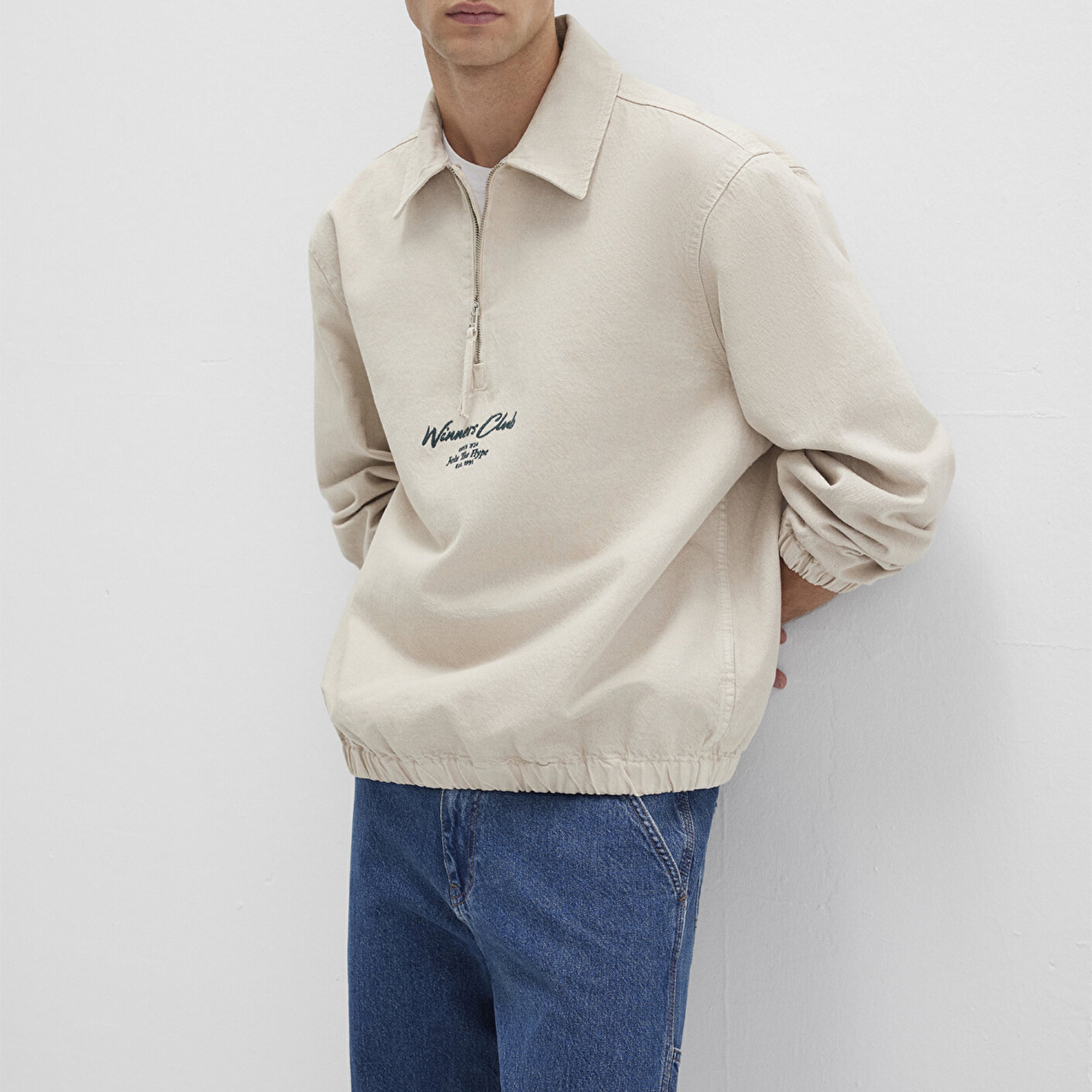 Mavi Yarı Fermuarlı Ekru Gömlek Oversize / Geniş Kesim 0211784-81202