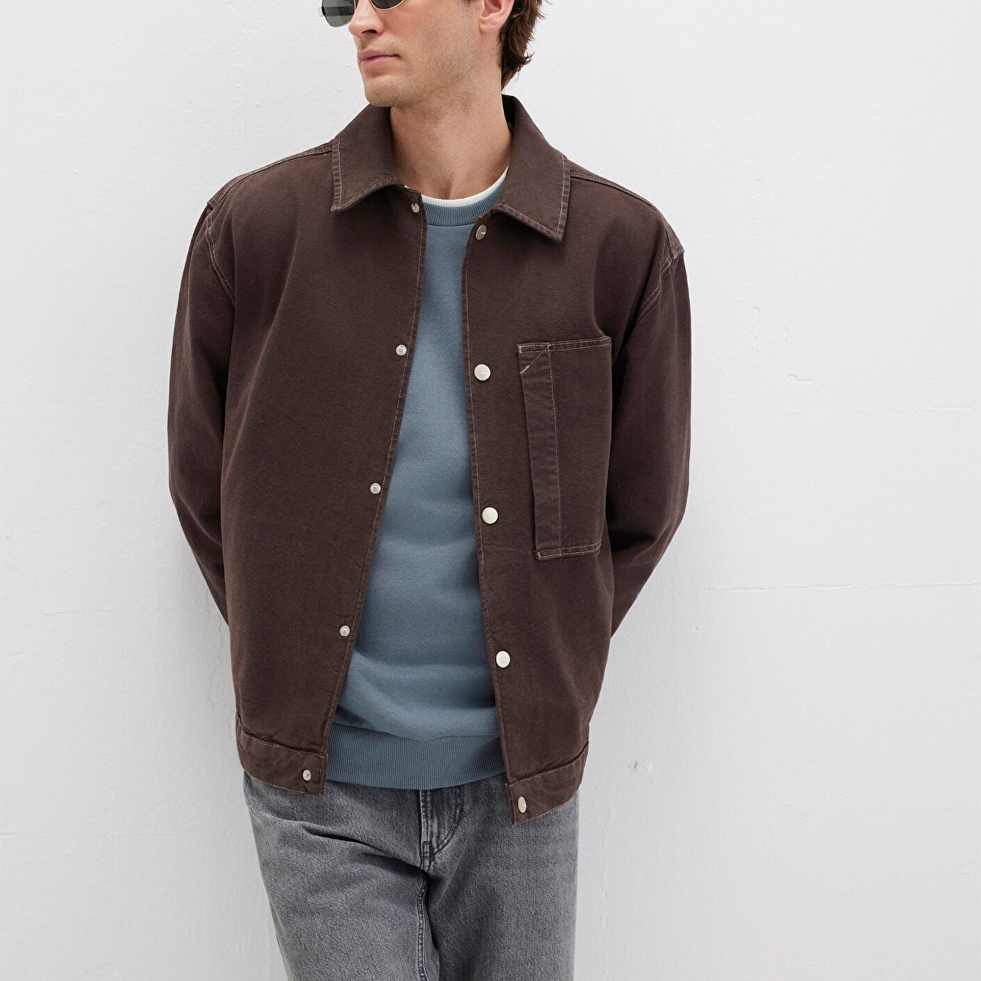 Mavi Cep Detaylı Kahverengi Gömlek Oversize / Geniş Kesim 0211779-70219