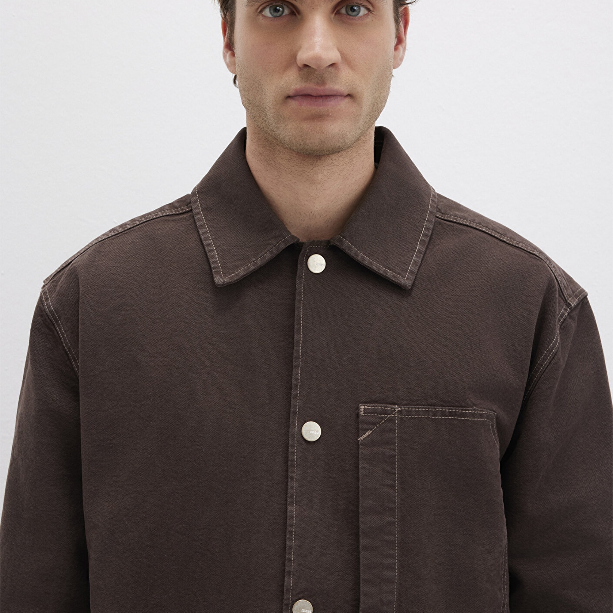 Mavi Cep Detaylı Kahverengi Gömlek Oversize / Geniş Kesim 0211779-70219