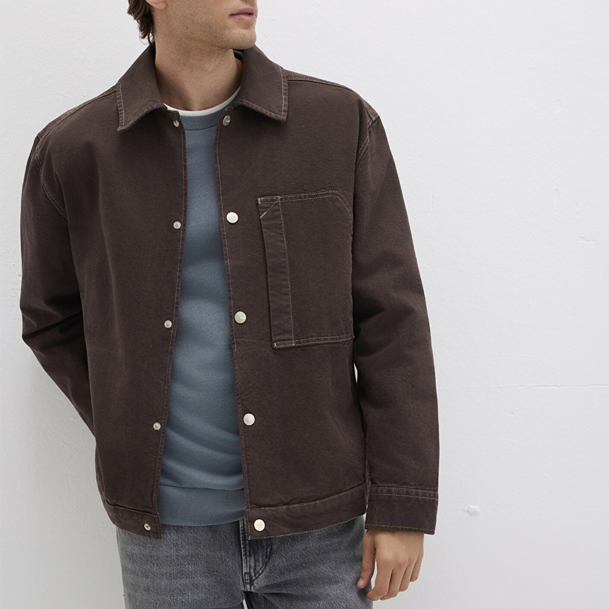 Mavi Cep Detaylı Kahverengi Gömlek Oversize / Geniş Kesim 0211779-70219