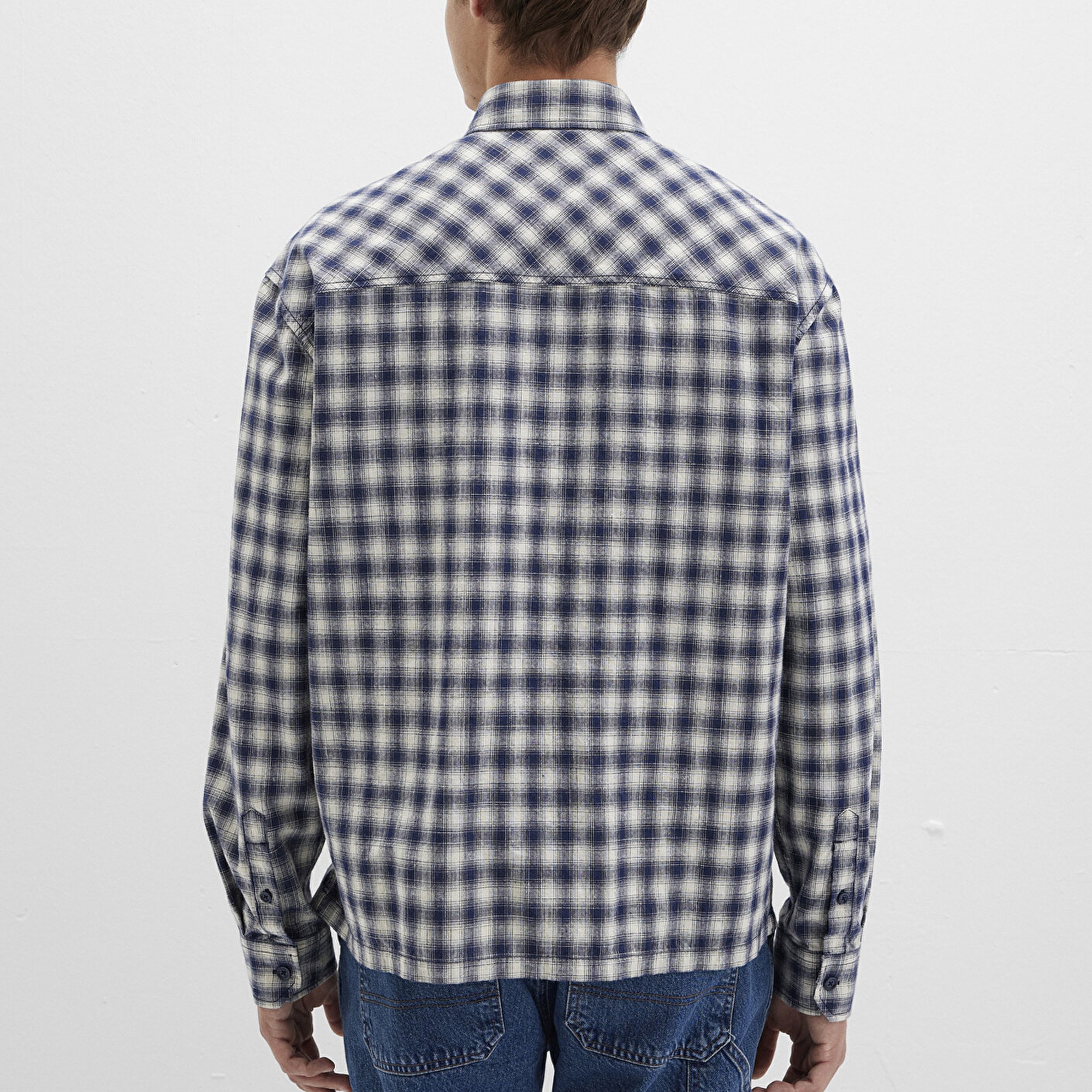 Mavi M Logo Baskılı Kareli Mavi Gömlek Loose Fit / Bol Rahat Kesim 0211782-91299