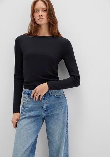  Mavi Uzun Kollu Siyah Basic Tişört Fitted / Vücuda Oturan Kesim 1613619-900