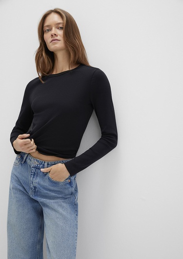  Mavi Uzun Kollu Siyah Basic Tişört Fitted / Vücuda Oturan Kesim 1613619-900