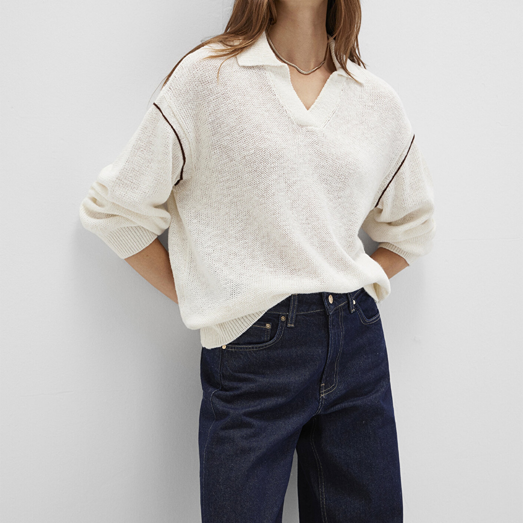 Mavi Kol Detaylı Bej Triko Polo 1710834-91338