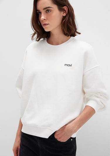  Mavi Mavi Logo Baskılı Ekru Sweatshirt 1S10490-70057