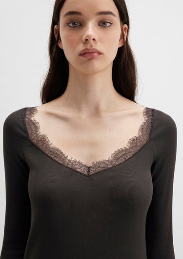  Mavi Uzun Kollu Kahverengi Tişört Fitted / Vücuda Oturan Kesim 1613851-70262