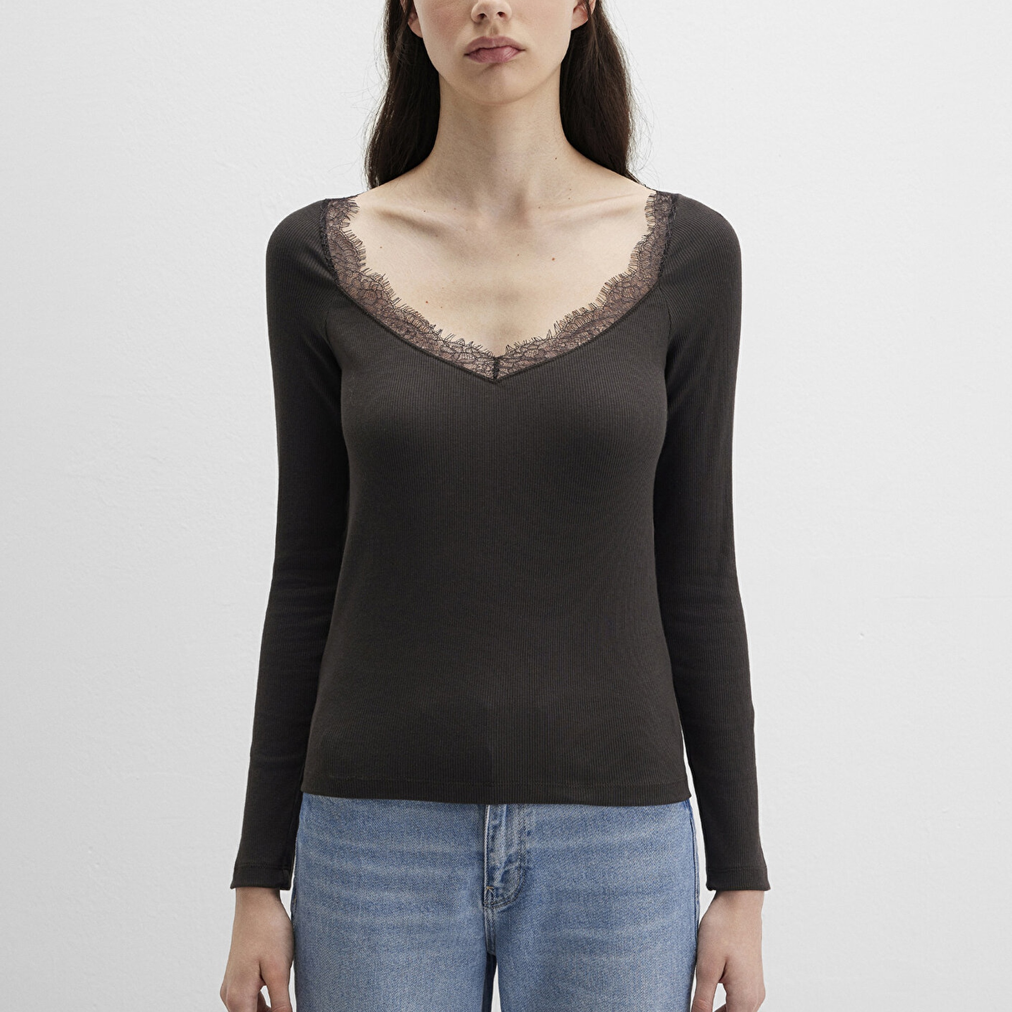 Mavi Uzun Kollu Kahverengi Tişört Fitted / Vücuda Oturan Kesim 1613851-70262