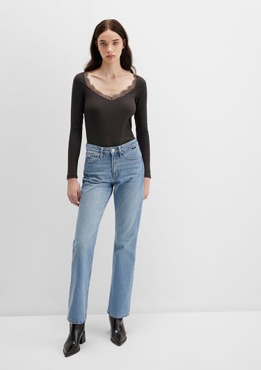  Mavi Uzun Kollu Kahverengi Tişört Fitted / Vücuda Oturan Kesim 1613851-70262