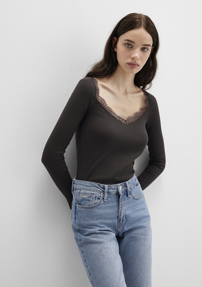  Mavi Uzun Kollu Kahverengi Tişört Fitted / Vücuda Oturan Kesim 1613851-70262