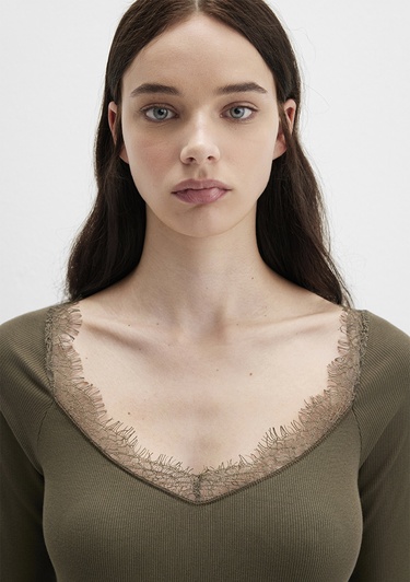  Mavi Uzun Kollu Haki Tişört Fitted / Vücuda Oturan Kesim 1613851-87538