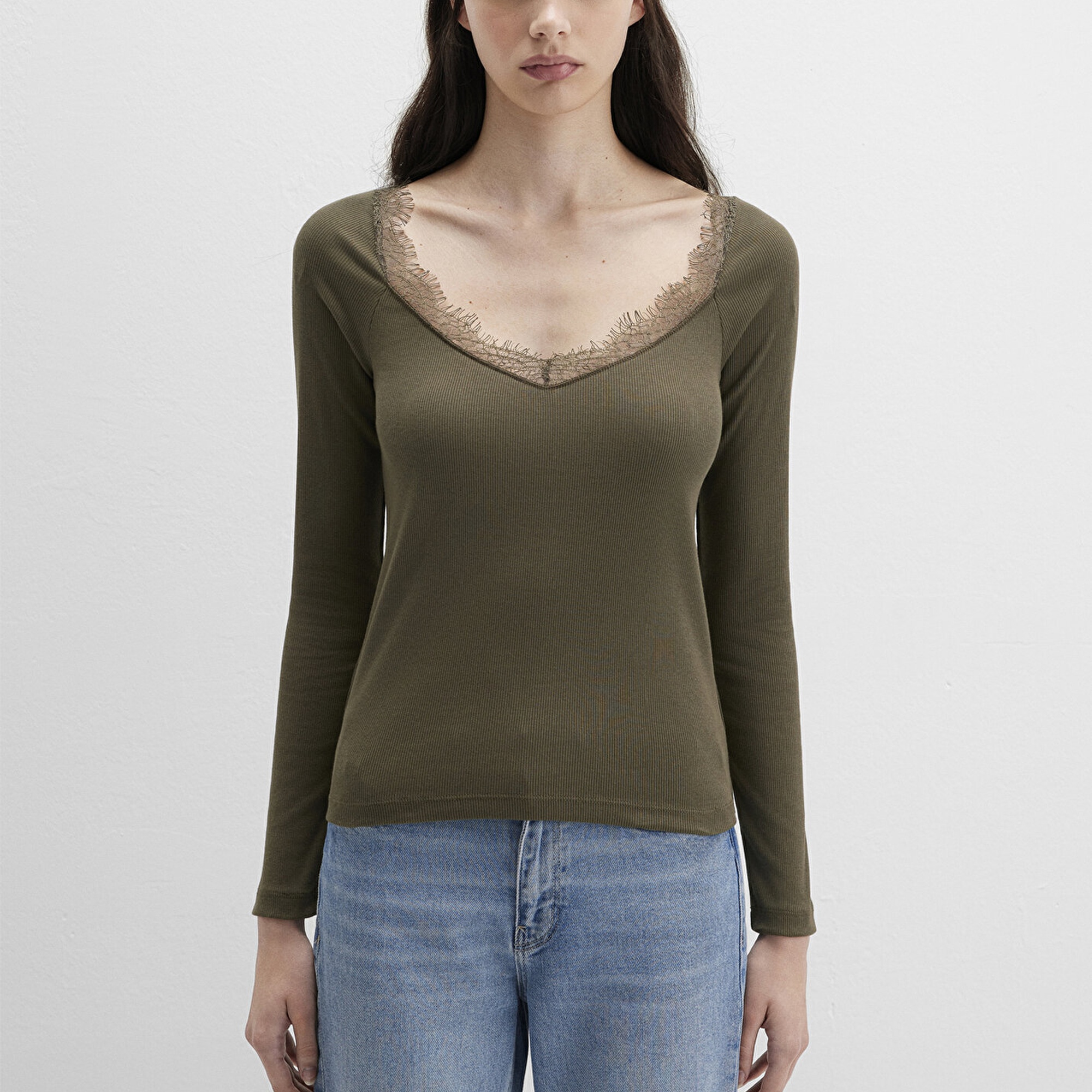 Mavi Uzun Kollu Haki Tişört Fitted / Vücuda Oturan Kesim 1613851-87538